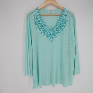 Chico's Blouse Womens XXL Green V-Neck Tunic Bell Sleeve Linen Embroidered